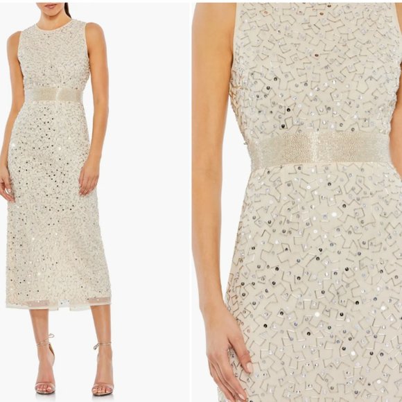 MAC DUGGAL GEOMETRIC EMBELLISHED SLEEVELESS A-LINE NUDE SILVER DRESS sz 8 - Picture 1 of 6